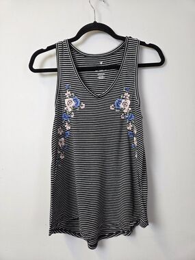 American Eagle Striped V-Neck Tank with Blue & Pink Floral Embroidery